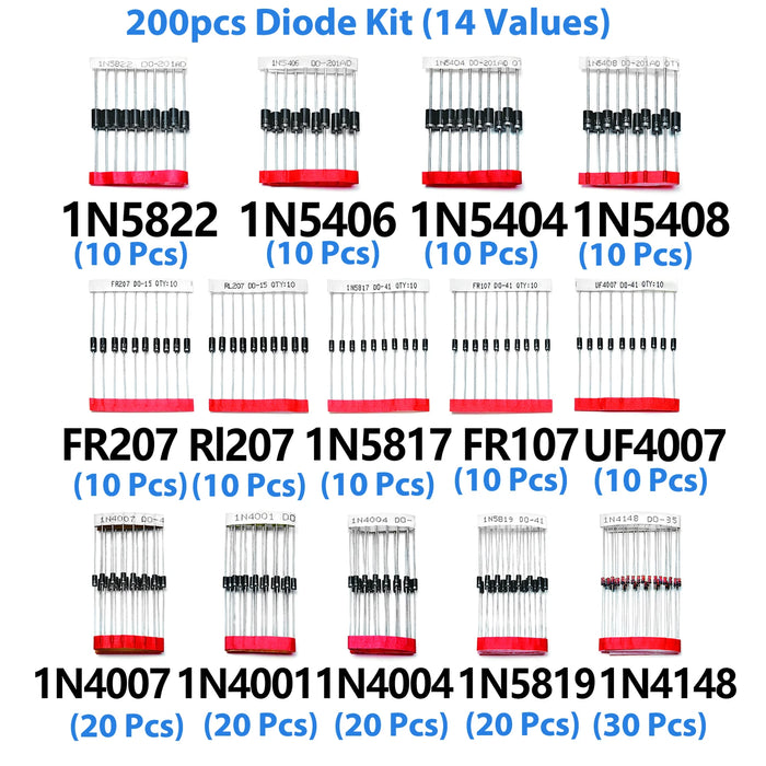 Kit assortito diodi Schottky a commutazione rapida da 14 valori 1N4001 1N4004 1N4007 1N5408 UF4007 FR207 1N5817 1N5819 1N5822 1N4148 RL207