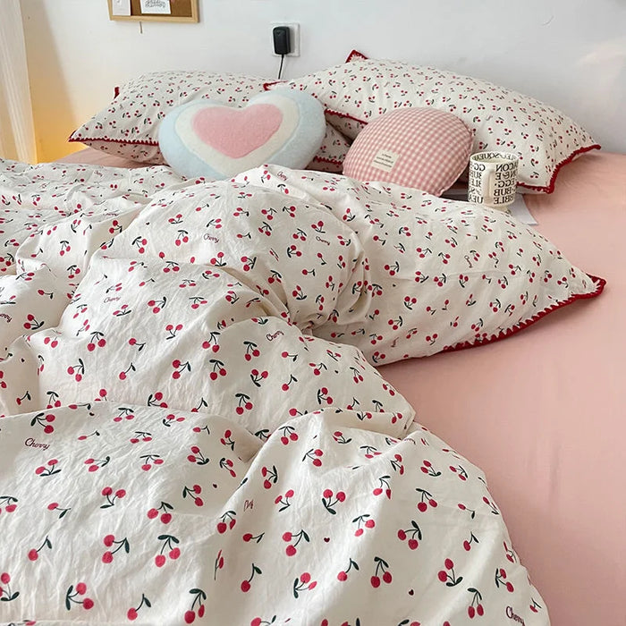 Set biancheria da letto INS Girls Cherry lenzuolo in morbido cotone lavato Queen King Size Set piumino Set piumino federa biancheria da letto