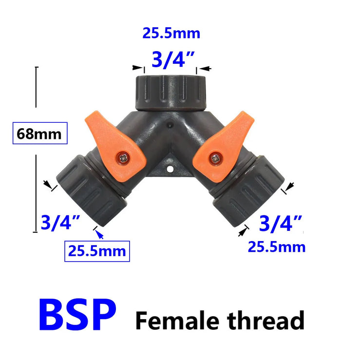 Splitter per acqua di rubinetto da giardino a 2 vie femmina 1/2 3/4 tubo da giardino Y splitter irrigazione interruttore regolabile 1 pz