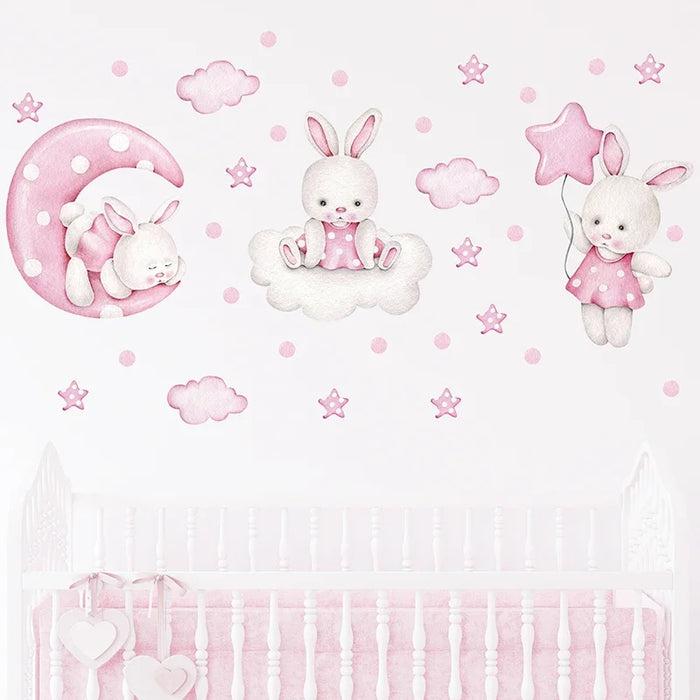 Acquerello morbido rosa 3 coniglietti coniglio luna nuvole stelle adesivi murali per camera dei bambini Baby Nursery Room decalcomanie da parete decorazioni per la casa PVC