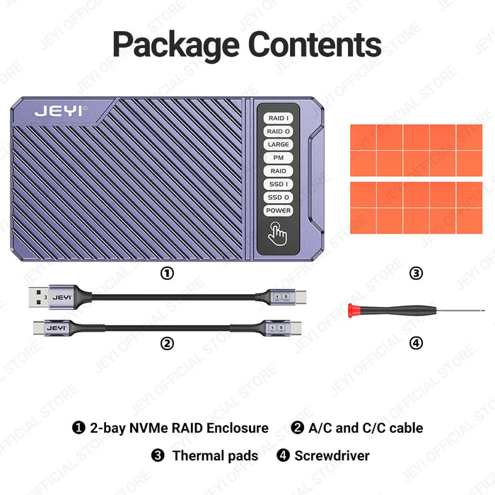 JEYI Dual Nvme Enclosure, custodia RAID Hardware a 2 alloggiamenti, custodia SSD con velocità di trasmissione da 20Gbps, supporto RAID0/ RAID1/ Large/ JBOD