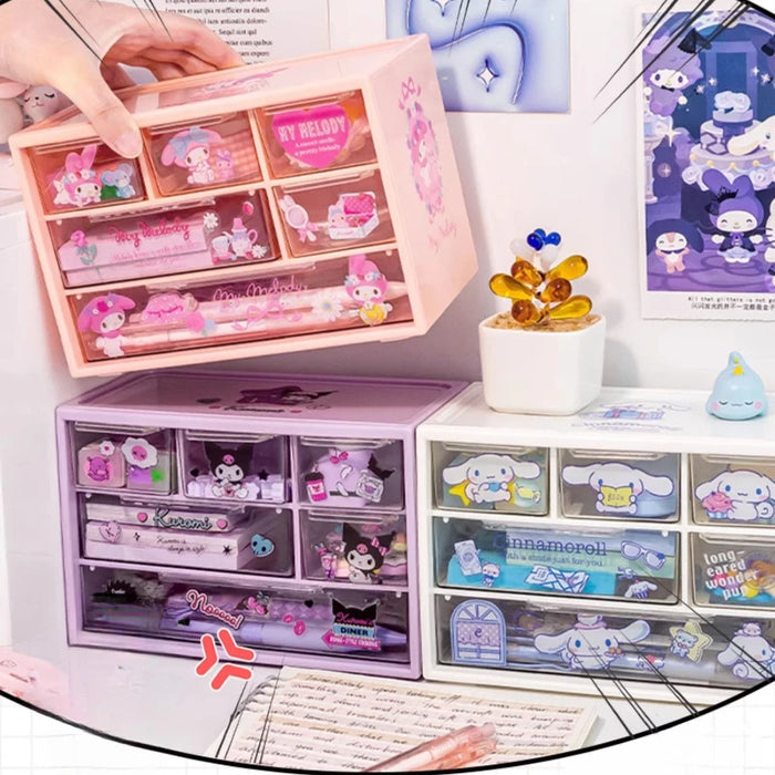 Sanrio 6 scatola portaoggetti a griglia cassetto da tavolo scatola di organizzazione trasparente portapenne da scrivania invia adesivi Kuromi Melody Cinnamoroll