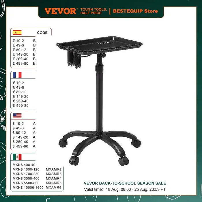 VEVOR Carrello per Vassoi per Saloni, Ruote Regolabile in Altezza 30"-43" Vassoio per Tatuaggi Laminato a Freddo con 5 Ruote (2 Bloccabili) per Parrucchieri, Nero