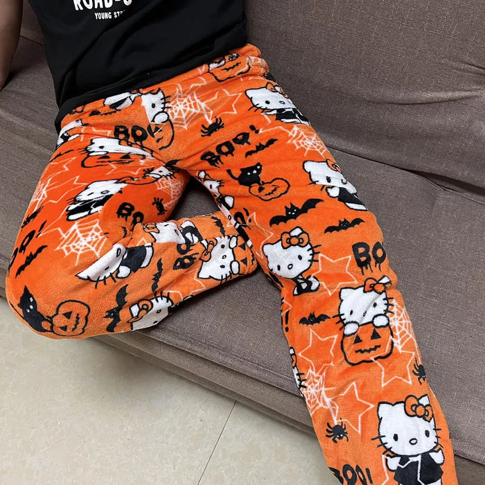 Sanrio Hello Kitty flanella pigiama nero da donna caldo cartone animato di lana pantaloni Casual da casa In autunno inverno moda pantaloni