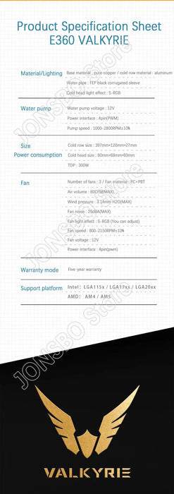 VALKYRIE E360 VK All-in-one CPU radiatore di raffreddamento ad acqua supporto fibbia multipiattaforma LGA1700 riproduzione LCD H.264 da 2.4 pollici