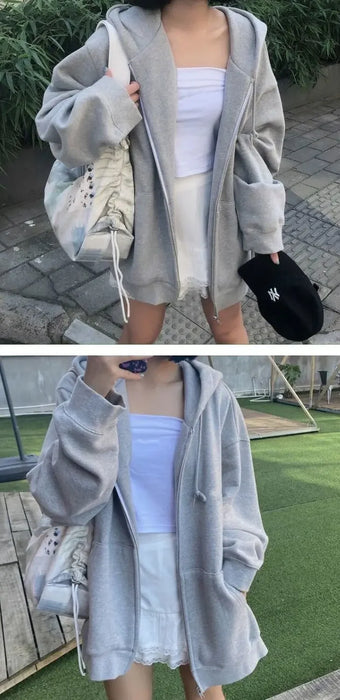 Duomofu stile coreano Oversize grigio felpe con cappuccio donna Streetwear sciolto felpa con cappuccio femminile Casual nero manica lunga top giacca