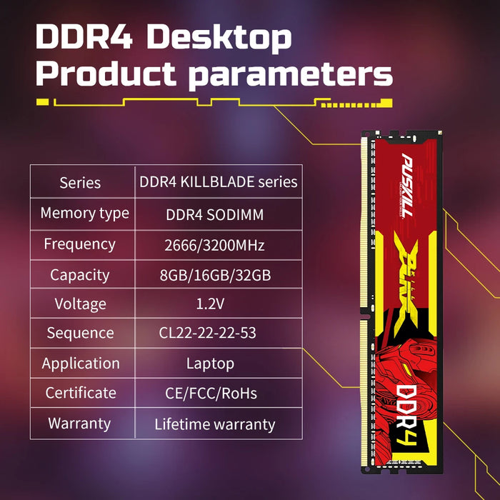 PUSKILL Killblade DDR4 32gb 16gb 8gb RAM 1.2V 3200mhz 2666mhz C19 CL22 UDIMM memoria Desktop