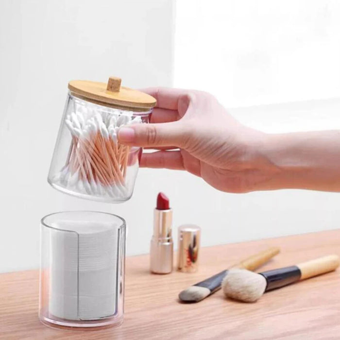 Scatola portaoggetti in acrilico vaso da bagno organizzatore per trucco supporto per tampone rotondo in cotone scatola per tampone di cotone Dispenser per supporto Qtip con coperchio in bambù