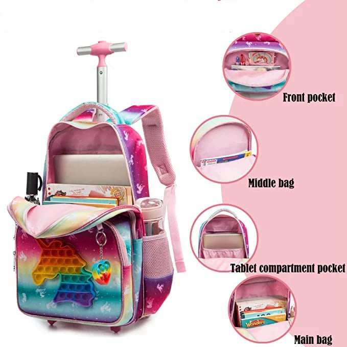 Set di zaini per bambini 3 pezzi con ruote borsa per Trolley da scuola con borsa per il pranzo zaino per la scuola zaino con ruote per ragazze