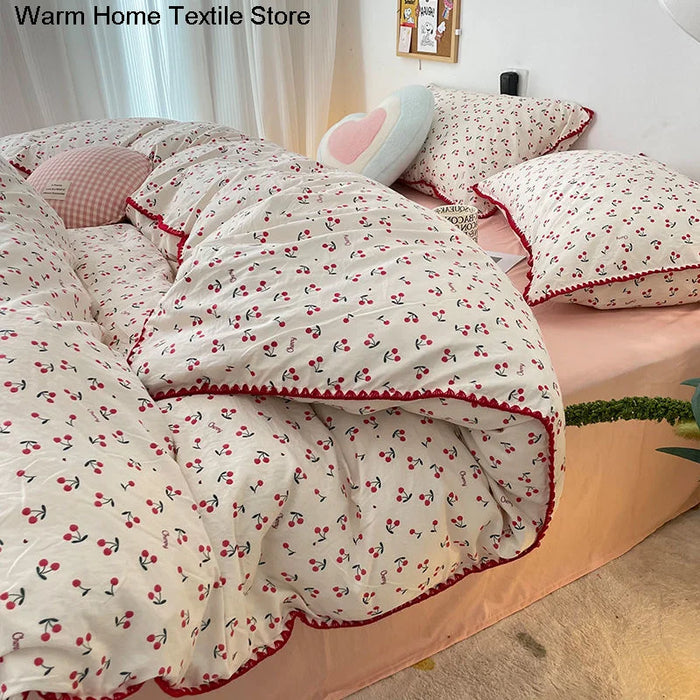 Set biancheria da letto INS Girls Cherry lenzuolo in morbido cotone lavato Queen King Size Set piumino Set piumino federa biancheria da letto