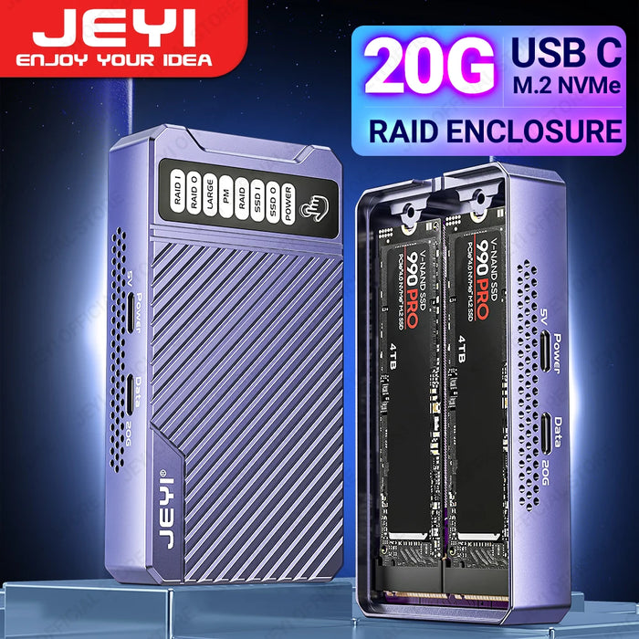 JEYI Dual Nvme Enclosure, custodia RAID Hardware a 2 alloggiamenti, custodia SSD con velocità di trasmissione da 20Gbps, supporto RAID0/ RAID1/ Large/ JBOD