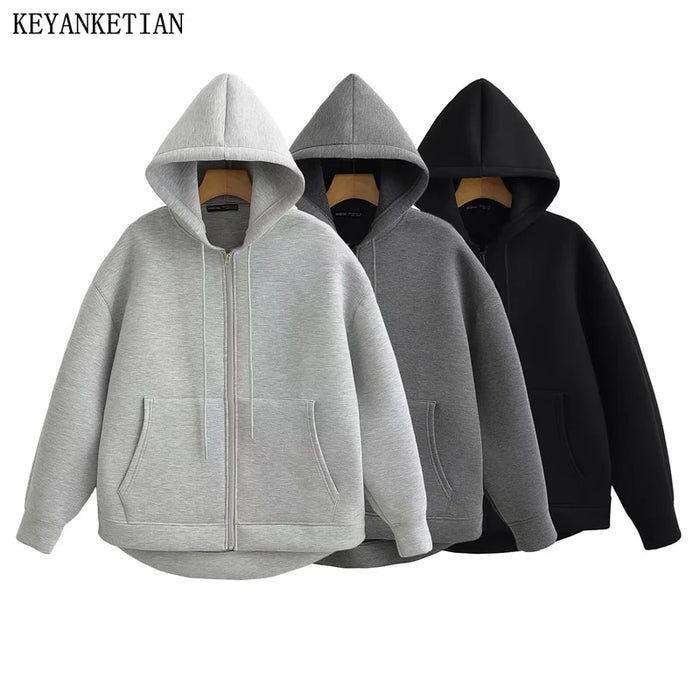 KEYANKETIAN Winter New women's Zipper Hoodie High Street stile Unisex doppie tasche felpe larghe Oversize capispalla Top