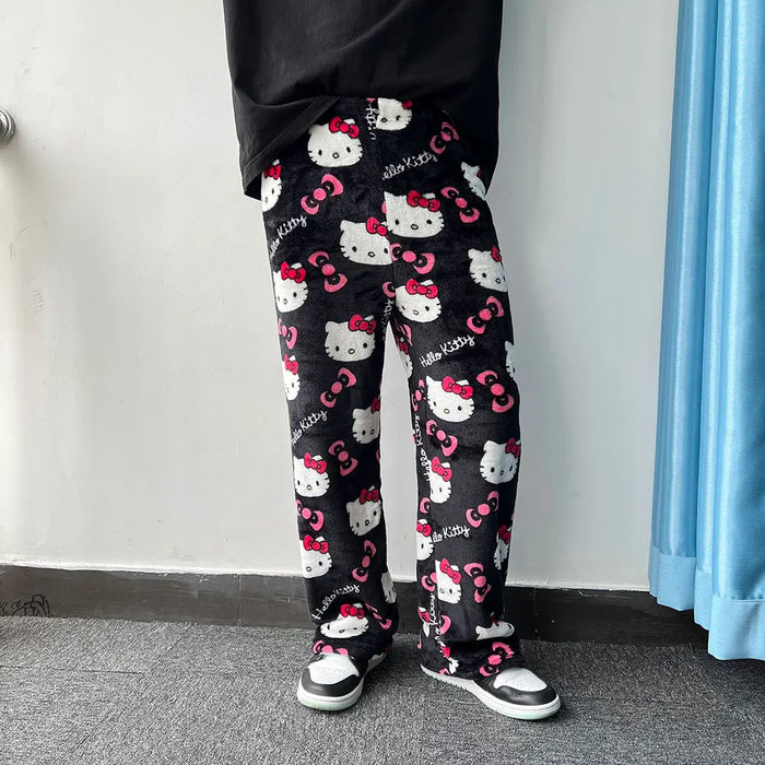 Sanrio Hello Kitty flanella pigiama nero da donna caldo cartone animato di lana pantaloni Casual da casa In autunno inverno moda pantaloni