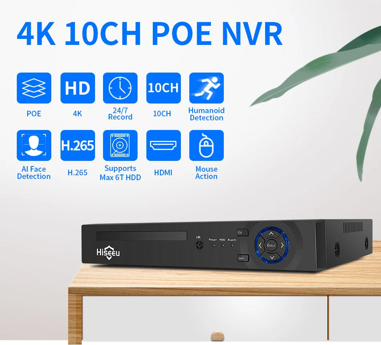 Hiseeu H.265 + 4CH 10CH 16CH POE NVR per telecamera di sorveglianza di sicurezza IP Sistema CCTV 5MP 8MP 4K Audio Video Recorder Face Detect