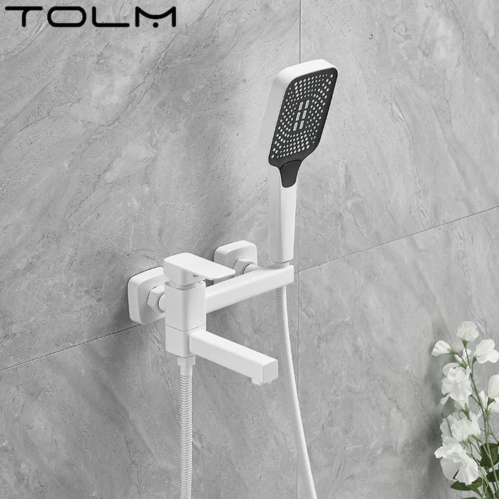 TOLM nero/bianco supporto per irrigatore per doccia a mano ugello di riempimento per vasca da bagno Set di rubinetti per bagno monocomando integrato a doppio foro