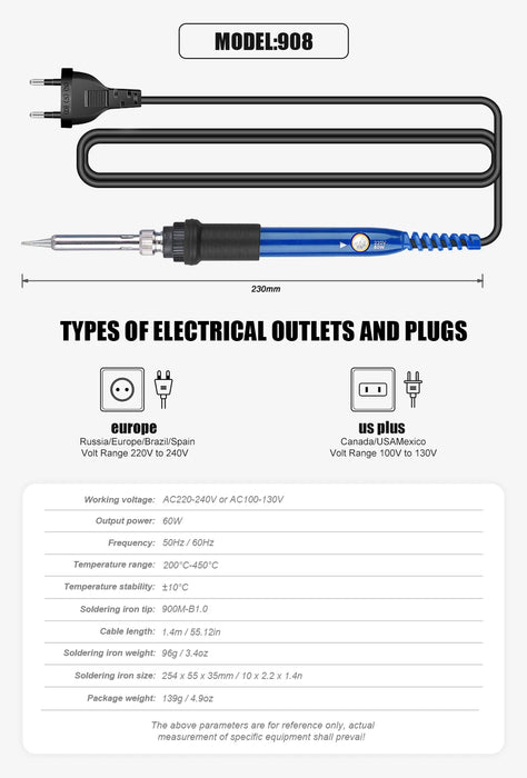 JCD 110V 220V 60W saldatore elettrico 908 saldatore a temperatura regolabile con punte e kit per saldatore di qualità