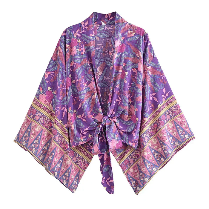 Happie Queens stampa floreale telai Kimono corto moda donna scollo a V maniche a pipistrello Robe Lady Boho Bikini Cover-up