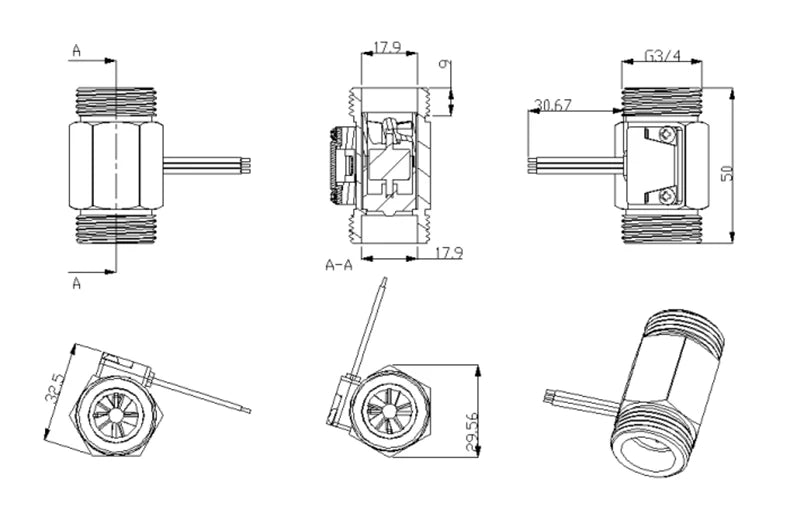 DC3.5-24V sensore di flusso d'acqua flussometro liquido in ottone sensore di flusso fluido interruttore 1.75MPa 1/2 "3/4" 1 "2" NPN sensore di flusso Hall acqua