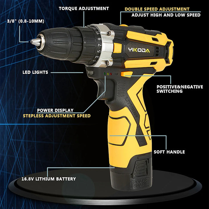 YIKODA 12/16.8/21V trapano a batteria cacciavite elettrico ricaricabile batteria al litio utensili elettrici multifunzione a 2 velocità per uso domestico