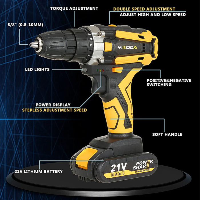 YIKODA 12/16.8/21V trapano a batteria cacciavite elettrico ricaricabile batteria al litio utensili elettrici multifunzione a 2 velocità per uso domestico