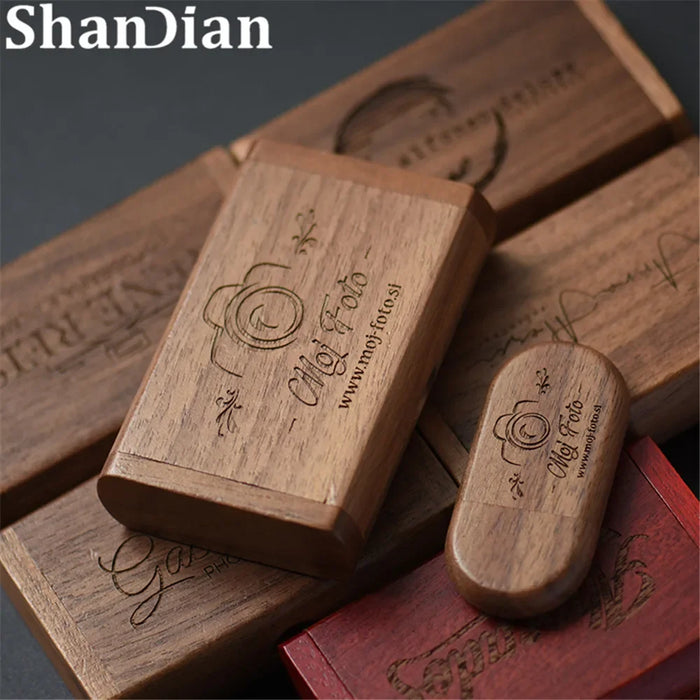 SHANDIAN LOGO gratuito in legno + scatola USB 2.0 Pen drive 4 GB 16 GB 32 GB 64 GB Flash Drive Memory stick fotografia di matrimonio regalo U Disco