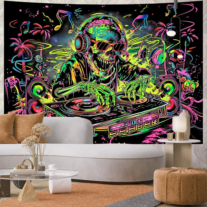 Teschio psichedelico arazzo reattivo UV Hippie scheletro arazzo appeso a parete gotico decorazioni per la casa decorazioni per la stanza forniture per stregoneria