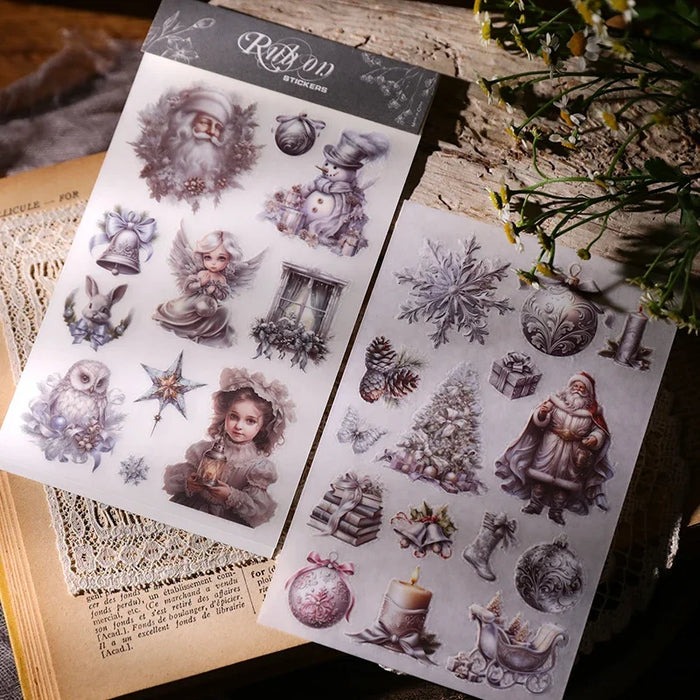 2 fogli Vintage Silver Christmas RUB ON Transfer Stickers Junk Journal Collage Snow Stickers Album fai da te Scrapbooking Stickers