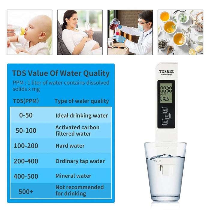 1PC White Digital Water Quality Tester TDS EC Meter Range da 0 a 9990 Tester PPM multifunzionale per temperatura di purezza dell'acqua