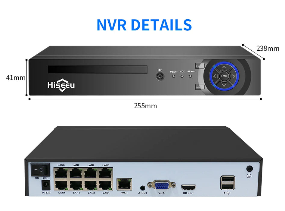 Hiseeu H.265 + 4CH 10CH 16CH POE NVR per telecamera di sorveglianza di sicurezza IP Sistema CCTV 5MP 8MP 4K Audio Video Recorder Face Detect