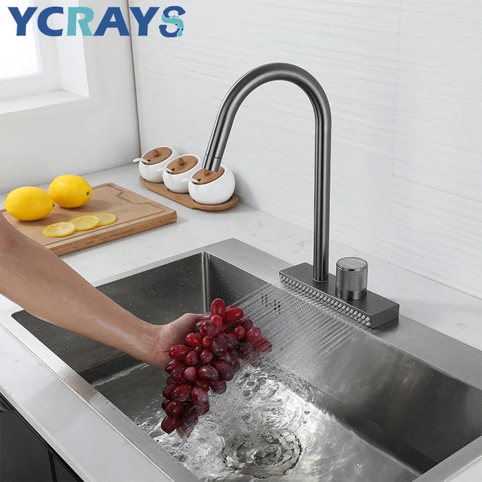 YCRAYS rubinetto per lavello a cascata per cucina miscelatore caldo freddo lavabo prese Multiple per acqua rotazione rubinetto per pioggia volante foro singolo