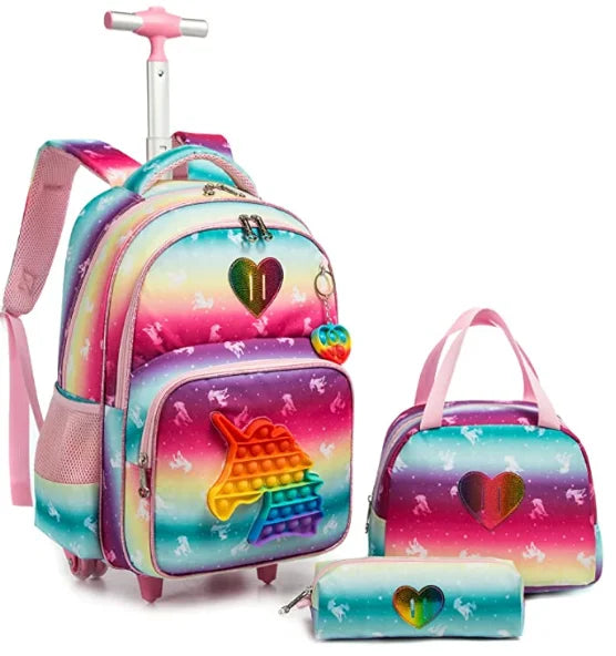 Set di zaini per bambini 3 pezzi con ruote borsa per Trolley da scuola con borsa per il pranzo zaino per la scuola zaino con ruote per ragazze