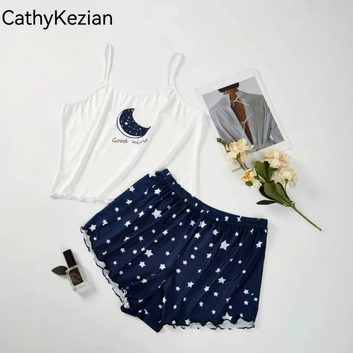 2 pezzi pigiama da donna pigiama da notte Set pigiama a maniche corte completo S M L Blue Moon Star Print ventilare Soft Comfort Home Leisure