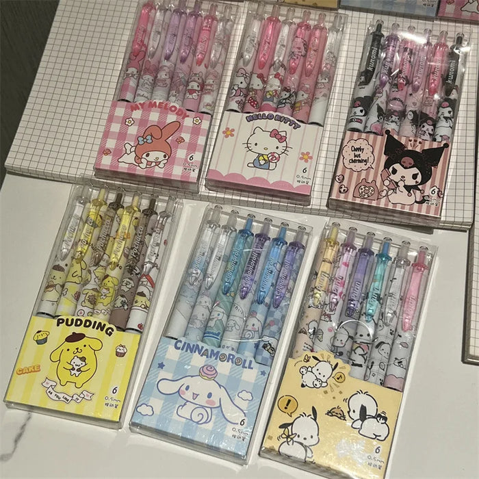 Sanrio Hello Kitty 6pcs Series Gel Pen 0.55mm Refill Y2k Cinnamoroll Kuromi MelodyCartoon Press Pen forniture di cancelleria nera