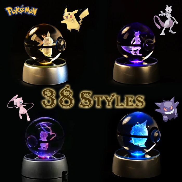 Pokemon 3D Crystal Ball Pikachu Gengar Mew Mewtwo figurine Base lampada Pokeball 3D Pokemon Glass Ball Statue regalo di compleanno per bambini