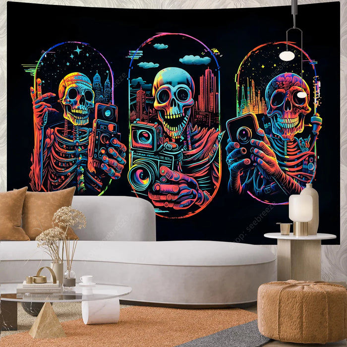 Teschio psichedelico arazzo reattivo UV Hippie scheletro arazzo appeso a parete gotico decorazioni per la casa decorazioni per la stanza forniture per stregoneria