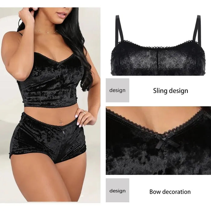 Set pigiama Sexy con spalline da donna velluto da donna in poliestere confortevole biancheria intima con scollo a v vestiti per la casa 2 pezzi senza maniche