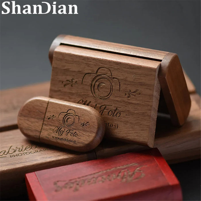 SHANDIAN LOGO gratuito in legno + scatola USB 2.0 Pen drive 4 GB 16 GB 32 GB 64 GB Flash Drive Memory stick fotografia di matrimonio regalo U Disco