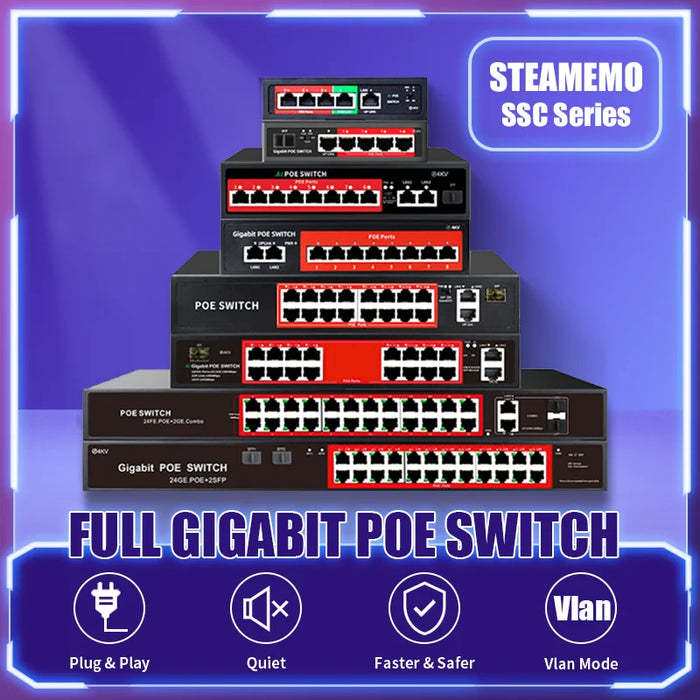 Switch POE Gigabit completo serie STEAMEMO SSC 4/6/8/16/24 porte 1000Mbps per telecamera IP/switch AP wireless Gigabit SFP