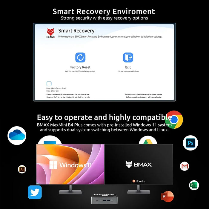 BMAX B4 Plus Mini PC Windows 11 PC Intel N100 16GB DDR4 512GB SSD 2 * HDMI 1 * Type-C supporta 4K @ 60Hz 750MHz Intel UHD Graphics