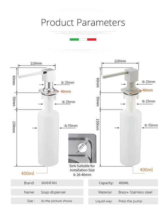 Dispenser di sapone da cucina da 400ml montato sul ponte pompa in acciaio inossidabile cromata rifinita per cucina Dispenser da banco incorporato 2309