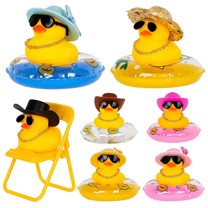 Car Duck Car Rubber Dashboard Decorations Ornament anatra gialla con Mini Swim Ring Sun Cowboy Hat collana per Auto Office