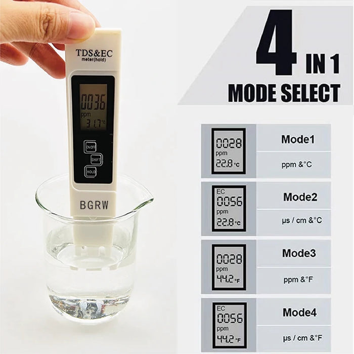 1PC White Digital Water Quality Tester TDS EC Meter Range da 0 a 9990 Tester PPM multifunzionale per temperatura di purezza dell'acqua