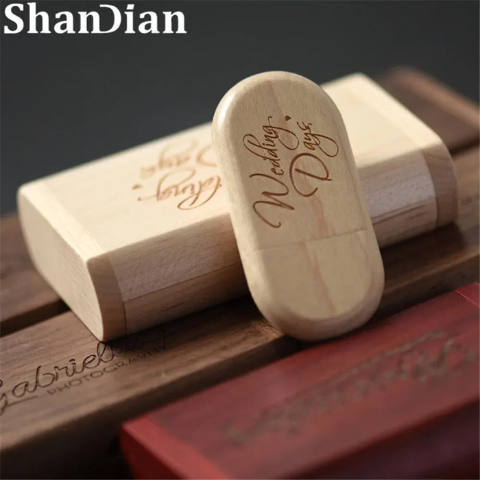 SHANDIAN LOGO gratuito in legno + scatola USB 2.0 Pen drive 4 GB 16 GB 32 GB 64 GB Flash Drive Memory stick fotografia di matrimonio regalo U Disco