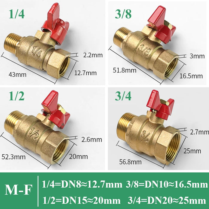 1/4 "3/8" 1/2 "3/4" filetto femmina a femmina valvola a sfera di intercettazione in ottone a due vie con impugnatura a farfalla per Gas combustibile acqua olio aria