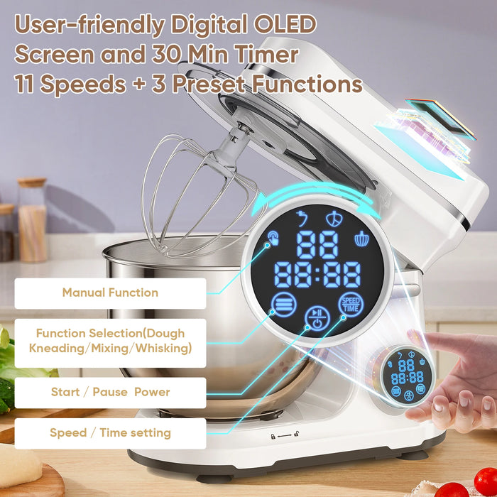 BioloMix Kitchen Food Stand Mixer, motore cc a 11 velocità da 1200W, schermo OLED digitale, robot da cucina elettrico con gancio per impastare, frusta