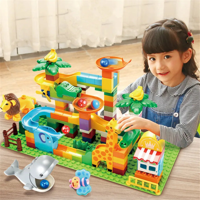 Marble Race Run Big Building Blocks Crazy Rolling Ball scivolo compatibile Dinosaur Tunnel Animal Bricks Parts accessorio giocattoli per bambini