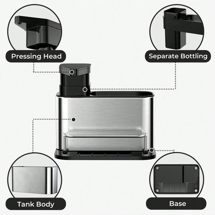 Dispenser di sapone da tavola in acciaio inossidabile da cucina 3 in 1, portaspugna, scolapiatti per lavello, adatto per lavelli da cucina