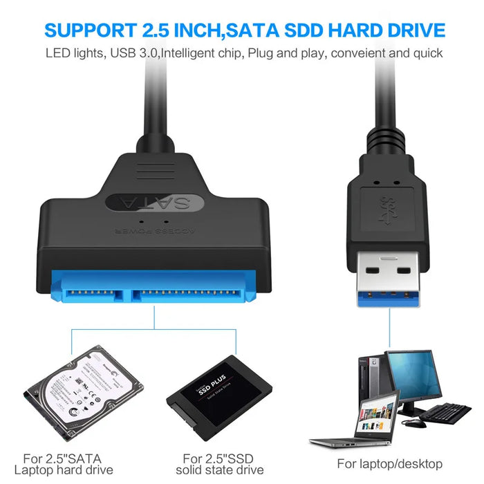 Cavo da SATA a USB 3.0 / 2.0 fino a 6 Gbps per disco rigido SSD HDD esterno da 2.5 pollici SATA 3 adattatore a 22 Pin cavo da USB 3.0 a Sata III