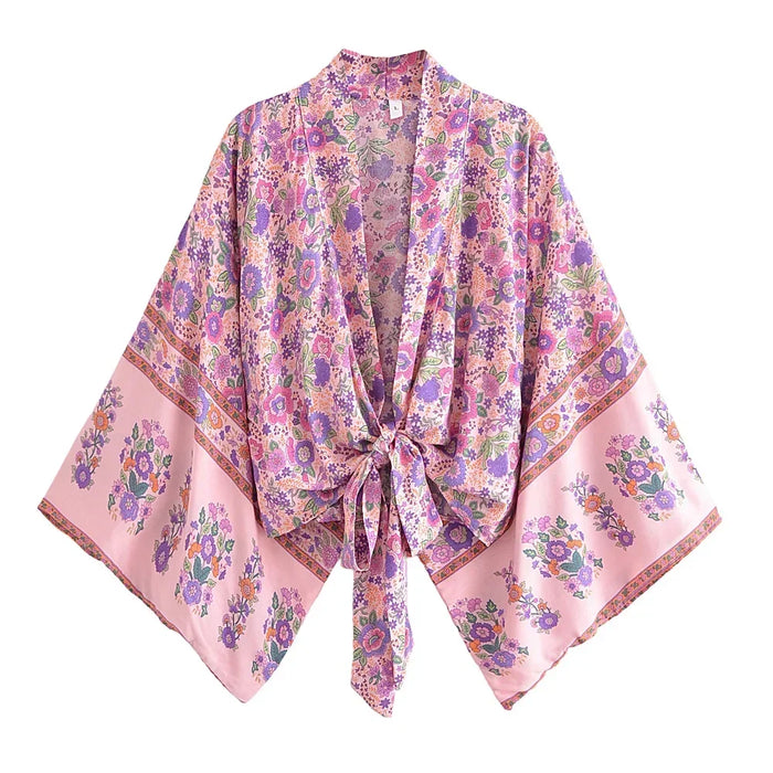 Happie Queens stampa floreale telai Kimono corto moda donna scollo a V maniche a pipistrello Robe Lady Boho Bikini Cover-up