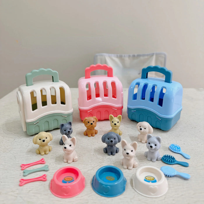 8 pz/set Cute Dog Pet Basket Family Toys Dog Doll Set Dog Cage Toys Scene Playing Toys regali di decorazione natalizia